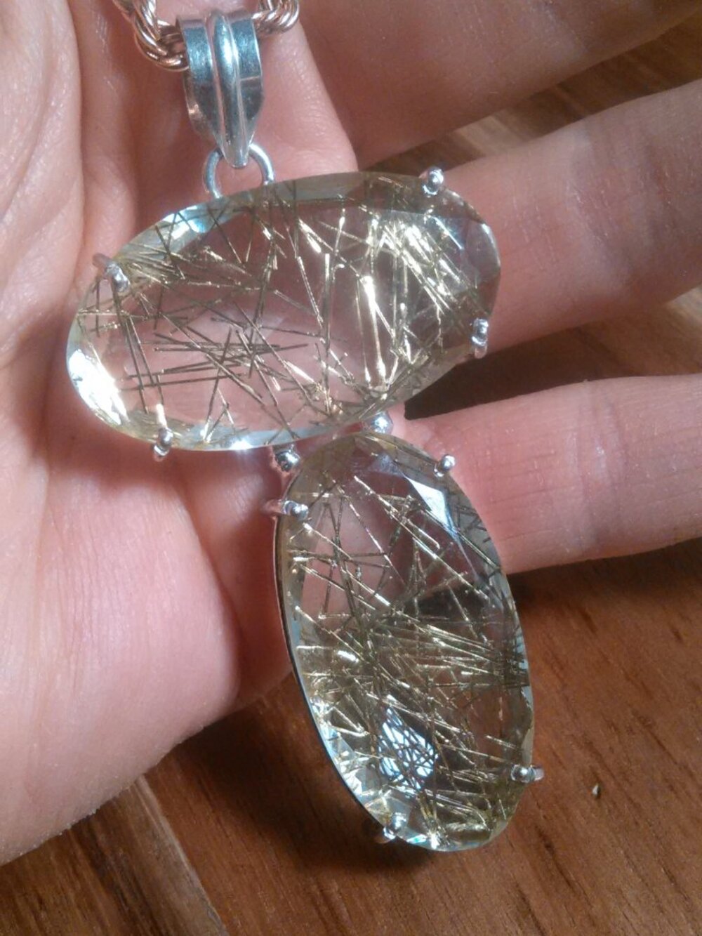 Golden Etched Clear Stone Three Inch Pendant Necklace (18 Inch)